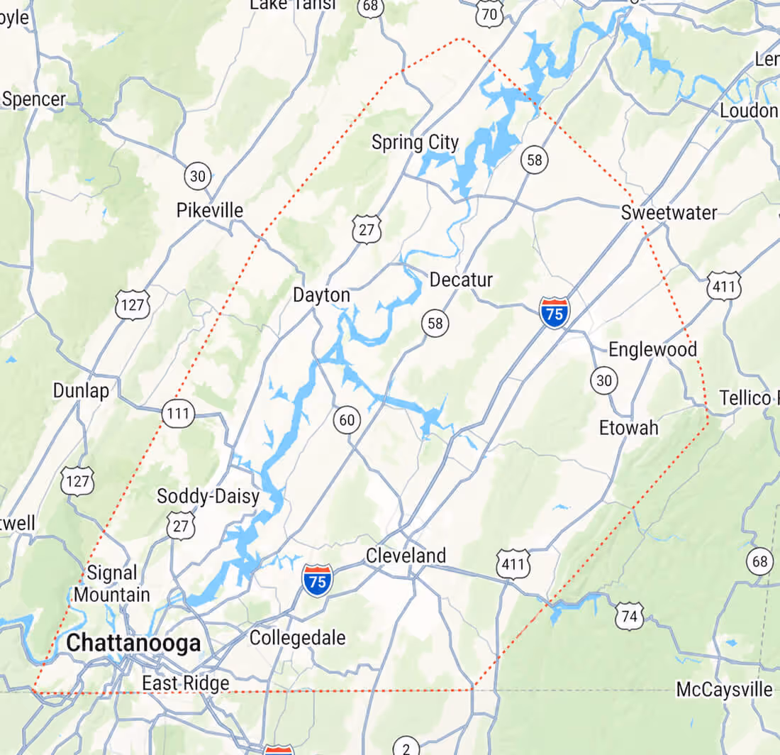 Map showing Chattanooga and surrounding cities in Tennessee including Soddy-Daisy, Cleveland, and Englewood with major highways I-75, 27, and 58.